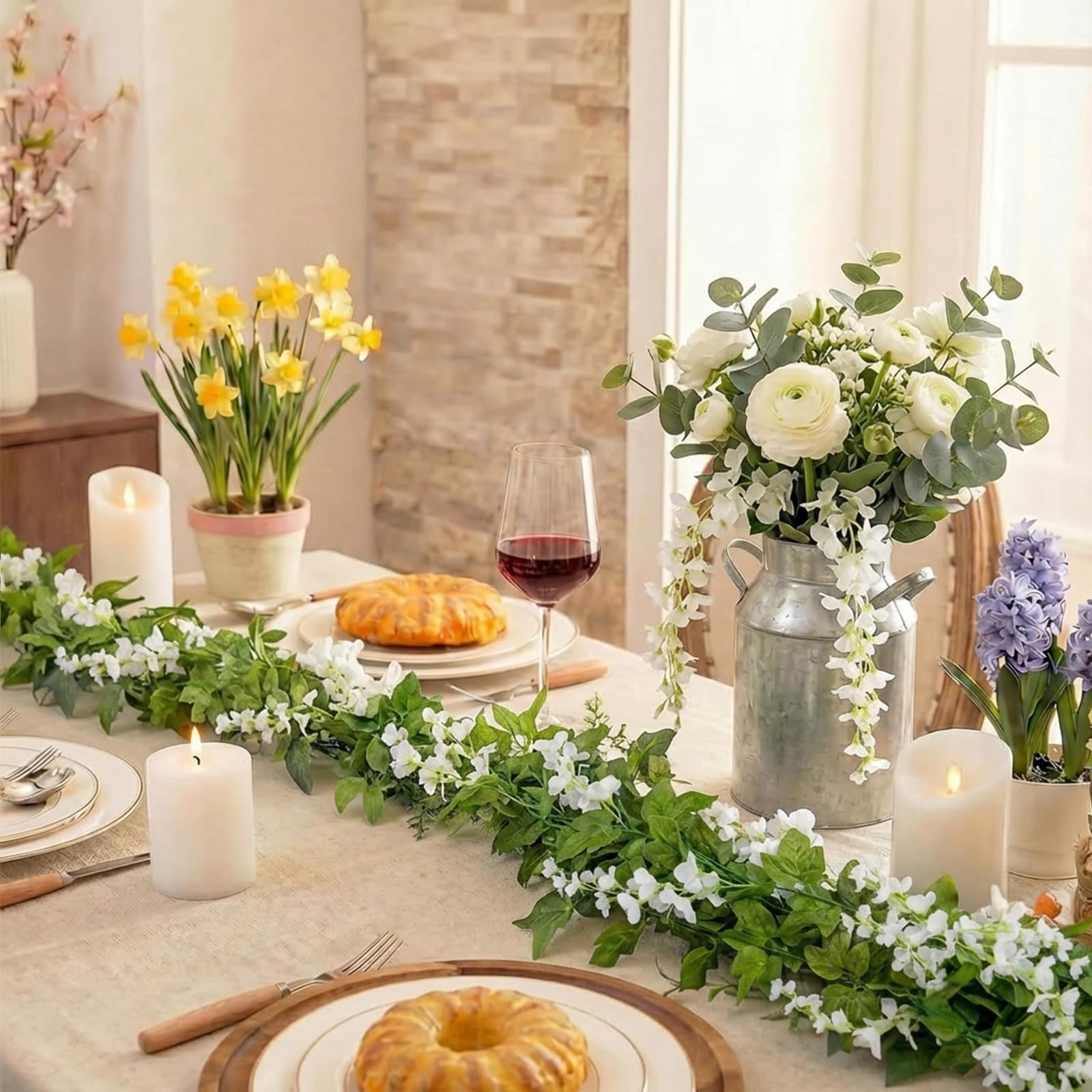 Mavee outdoor-friendly silk wisteria stands up to weather at events.