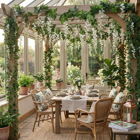 Mavee wisteria vines wrapped around columns for table backdrops.