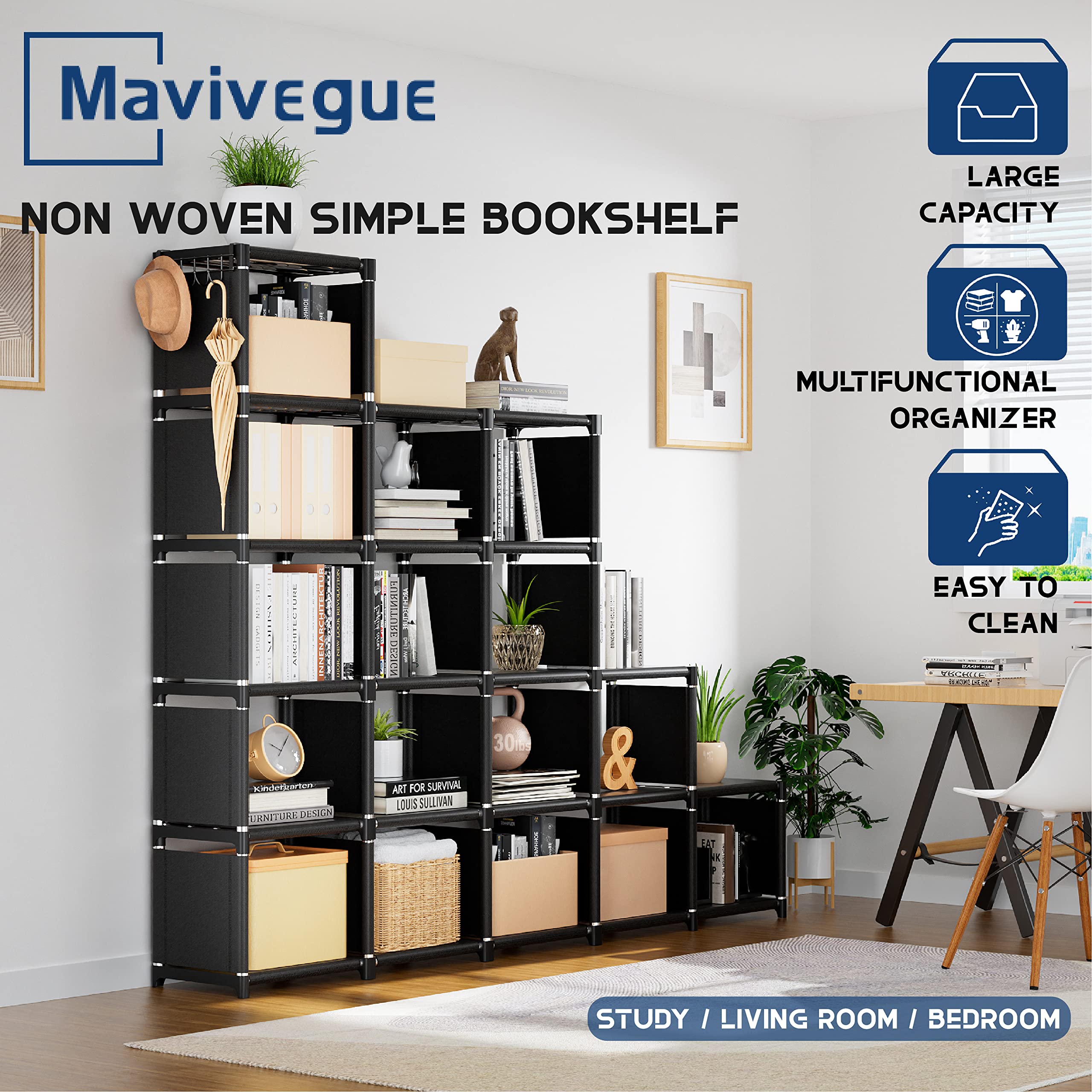 Mavivegue 18-Cube Bookcase in living room setup showing versatility