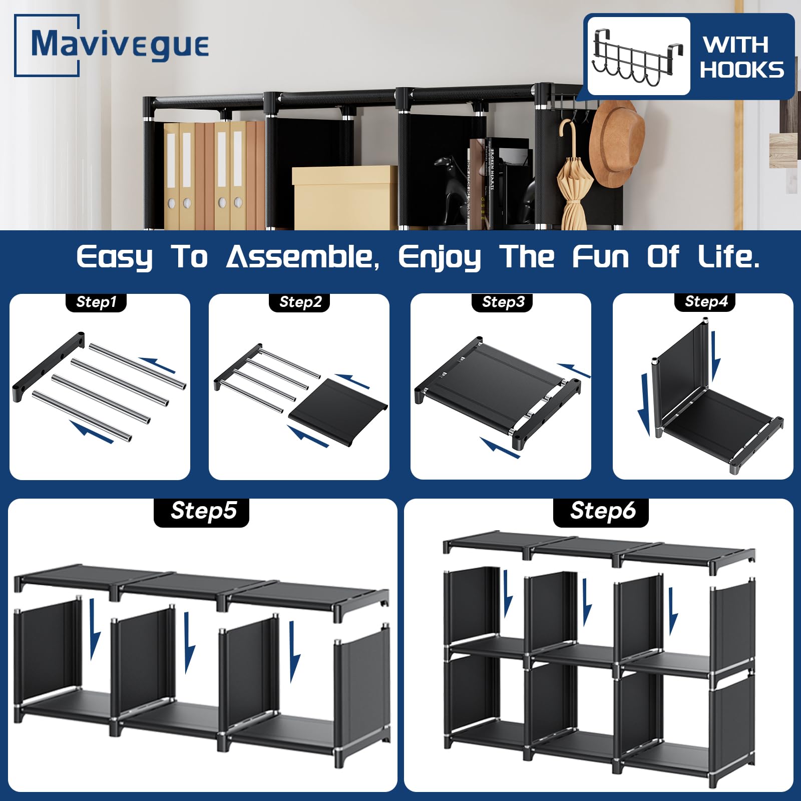 Mavivegue 18-Cube Bookcase materials photo with metal tubes and plastic joints
