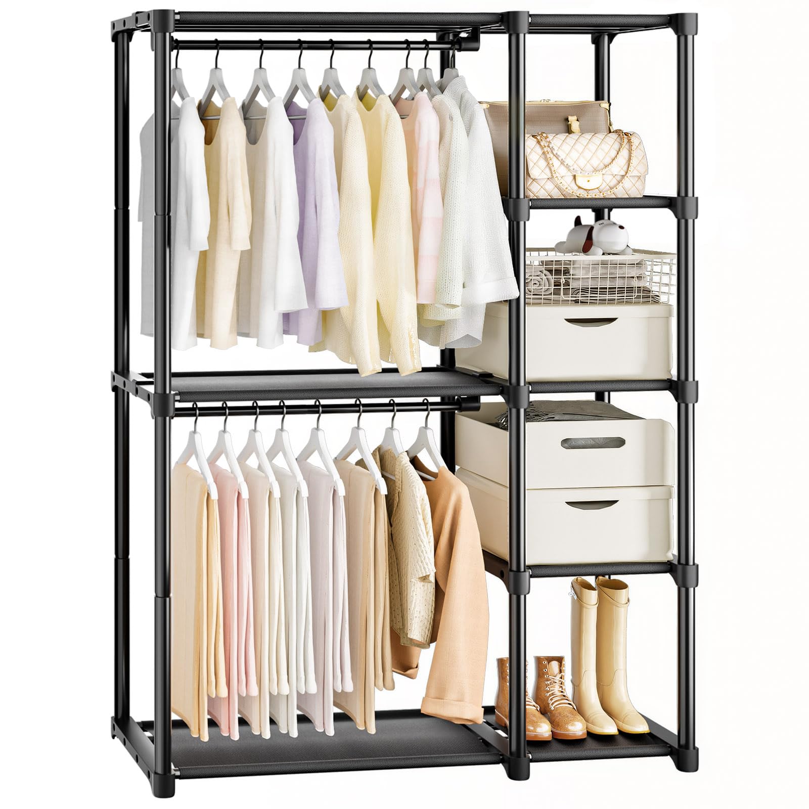 Mavivegue 4-Tier Closet with Shelves shows spacious hanging rod for dresses and coats