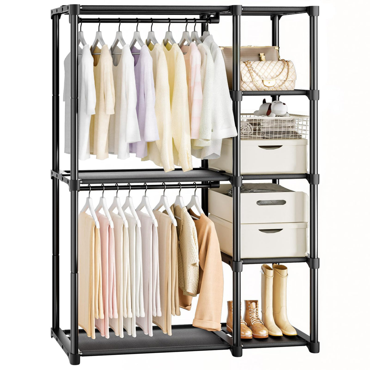 Mavivegue 4-Tier Closet with Shelves shows spacious hanging rod for dresses and coats