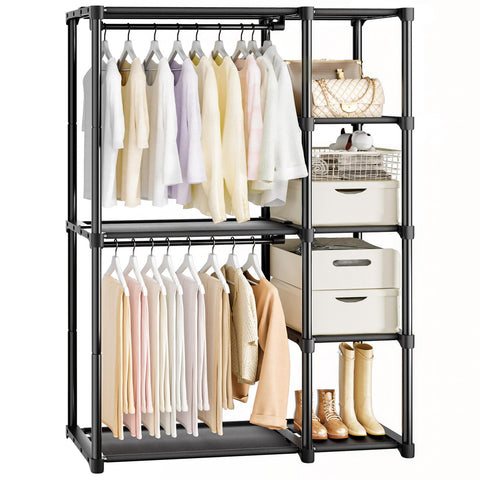 Mavivegue 4-Tier Closet with Shelves shows spacious hanging rod for dresses and coats