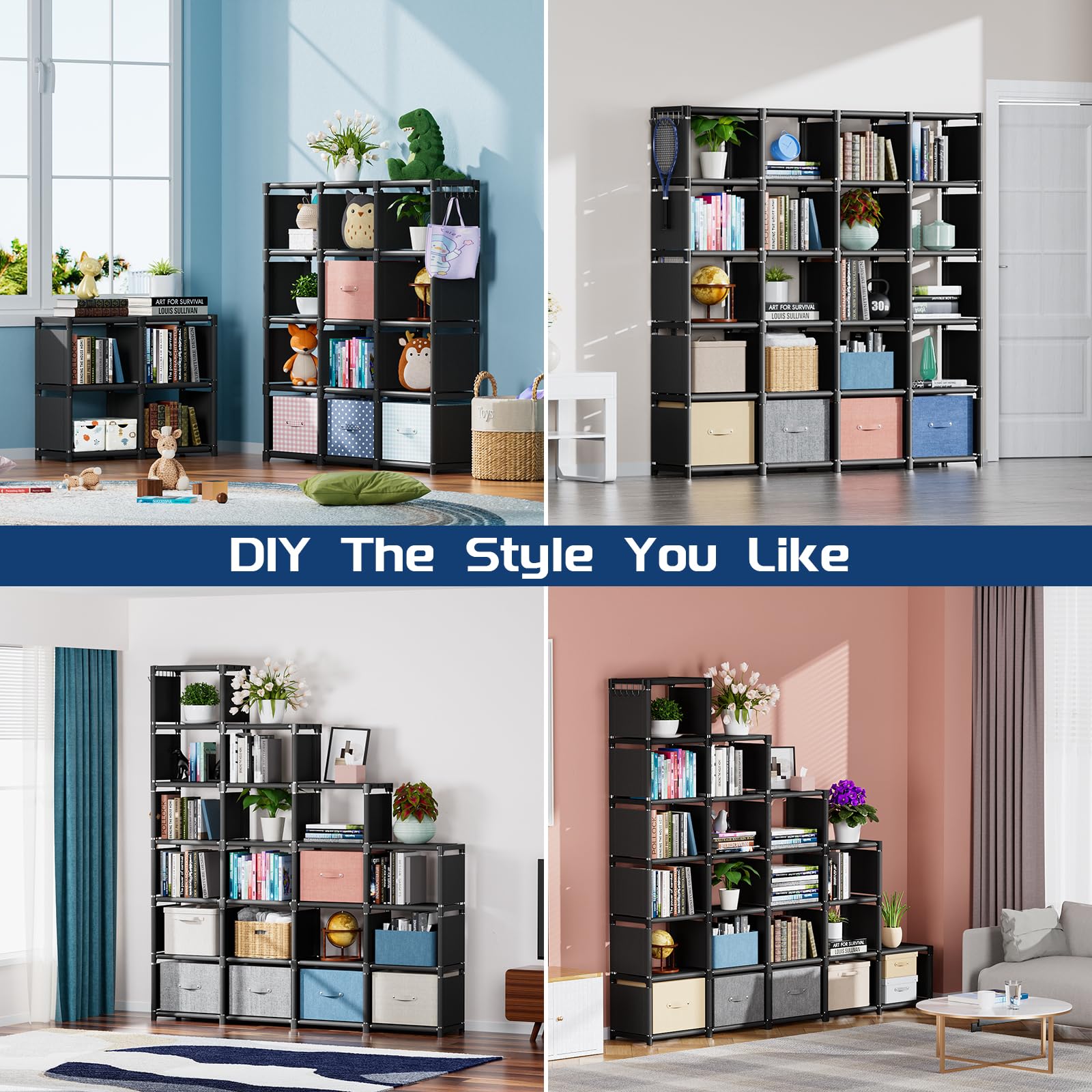 Large cube storage area highlighting roomy shelves for books and decor