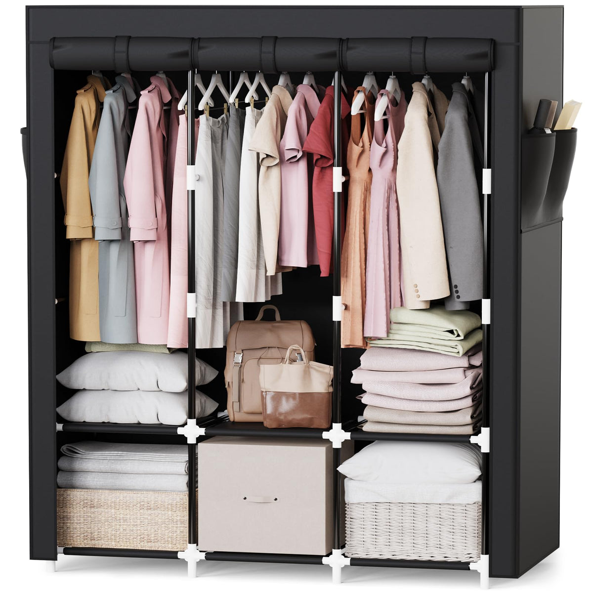 Mavivegue portable closet with 50-inch frame for ample hanging space.