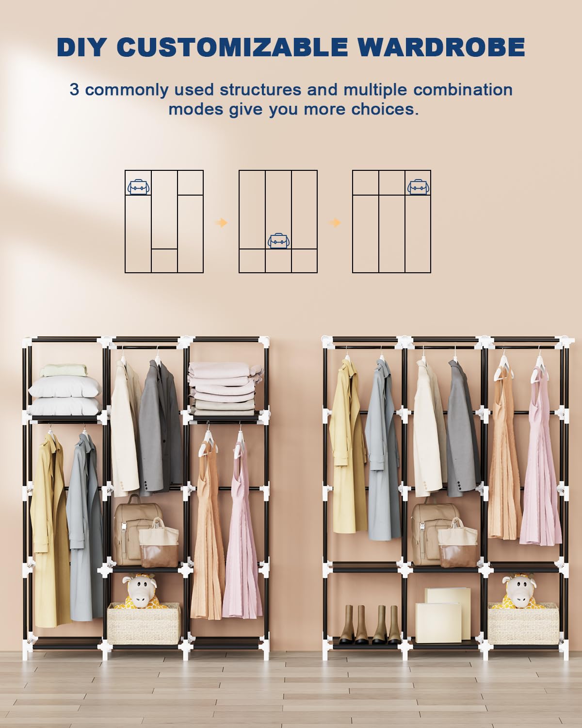 Mavivegue wardrobe positioned in a living room for temporary clothing storage.