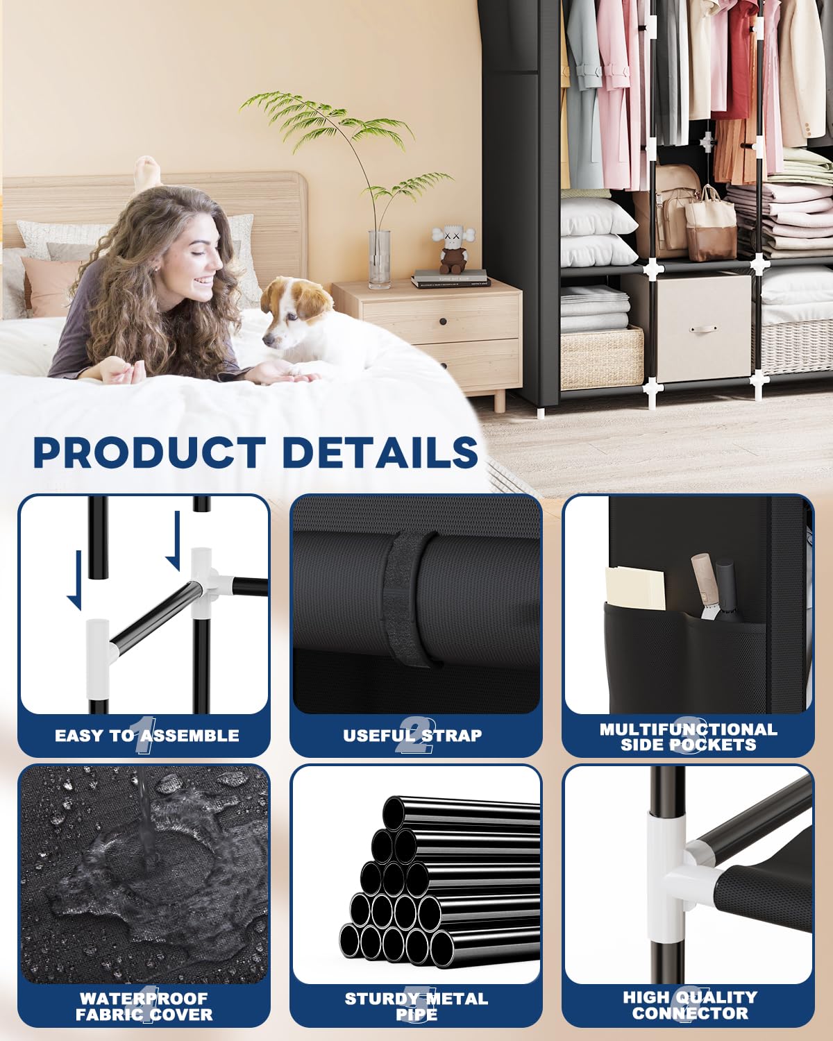 Mavivegue closet includes six shelves for folded items and accessories.