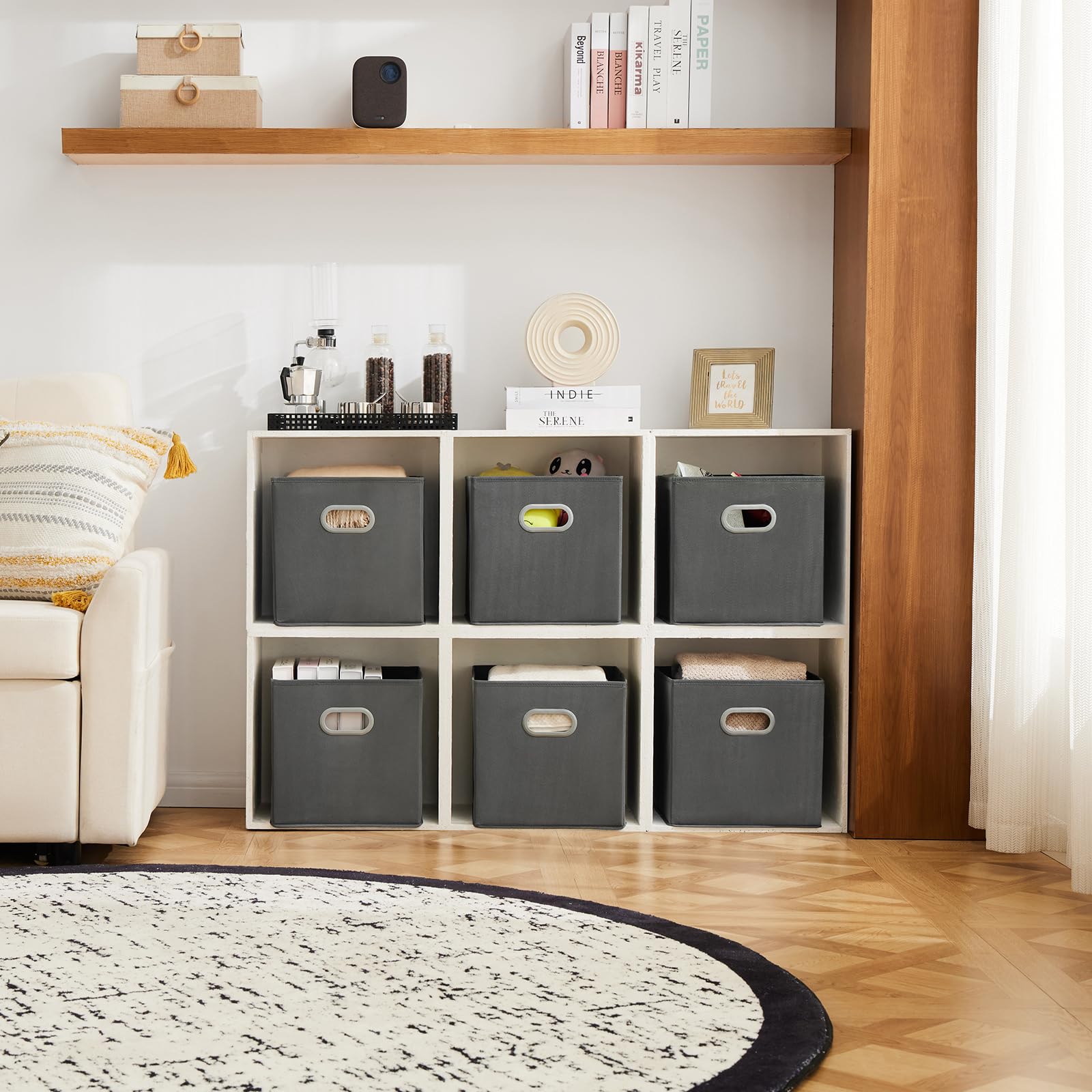 MAX Houser Cattail Gray bin on closet shelf keeps things tidy.