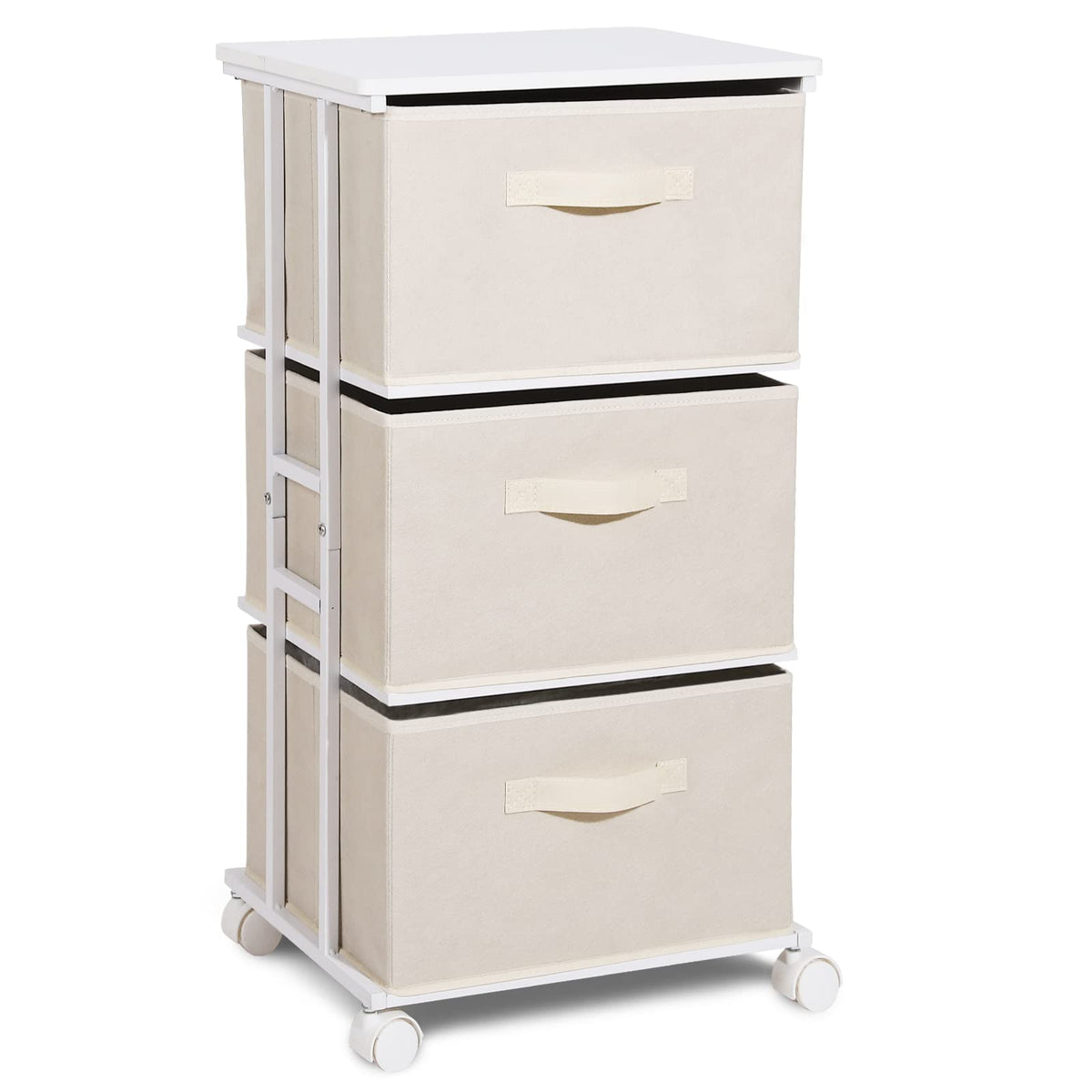 MAX Houser dresser tower with wood top in beige for compact bedroom storage.