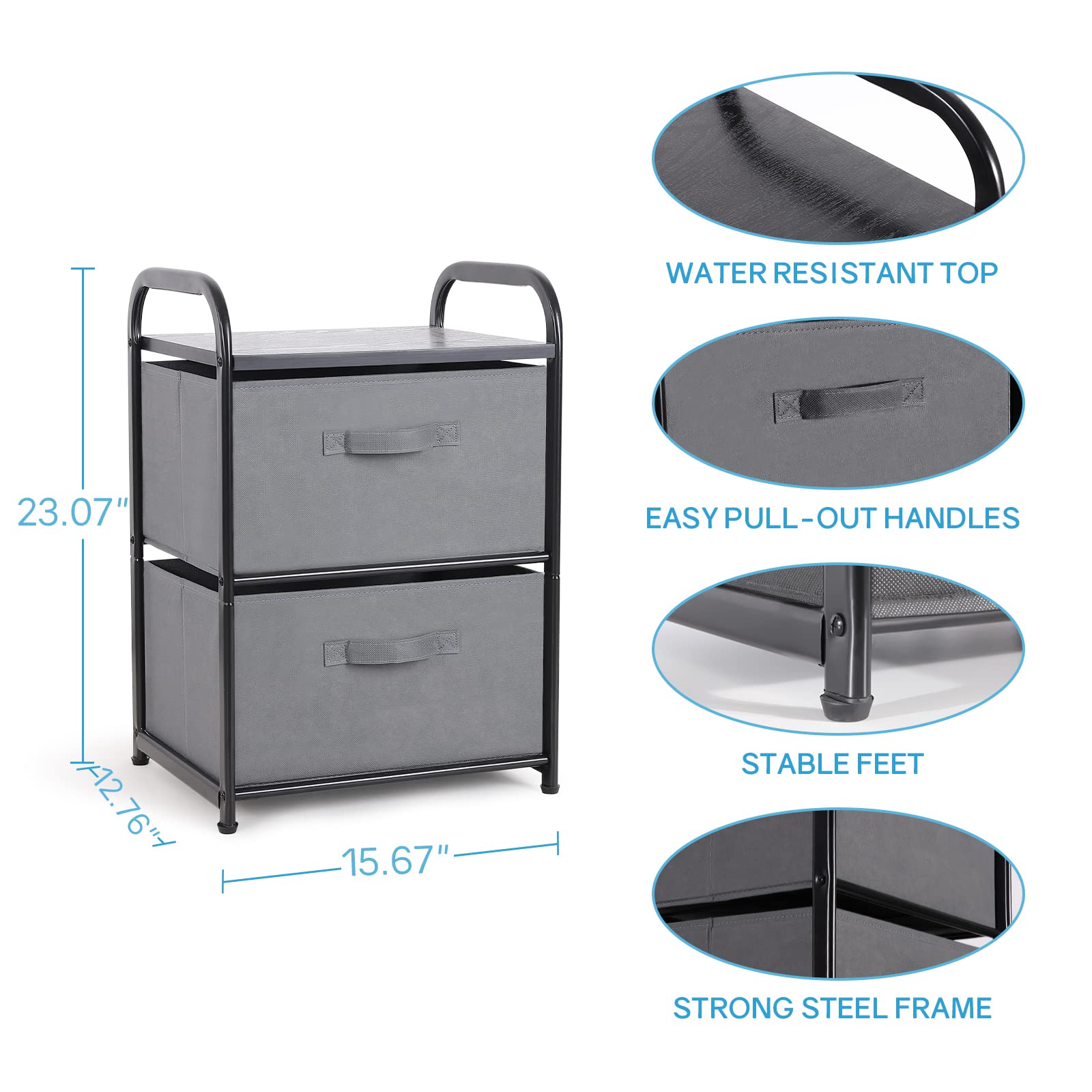 MAX Houser dresser side view showing sturdy metal frame and removable fabric drawers