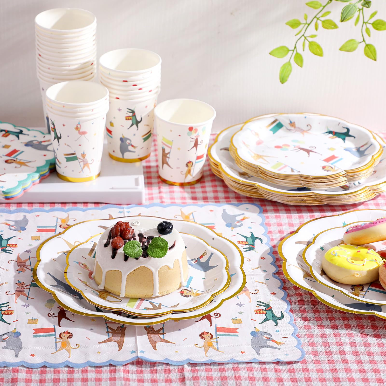Maxdot animal parade disposable napkins with whimsical animal designs.