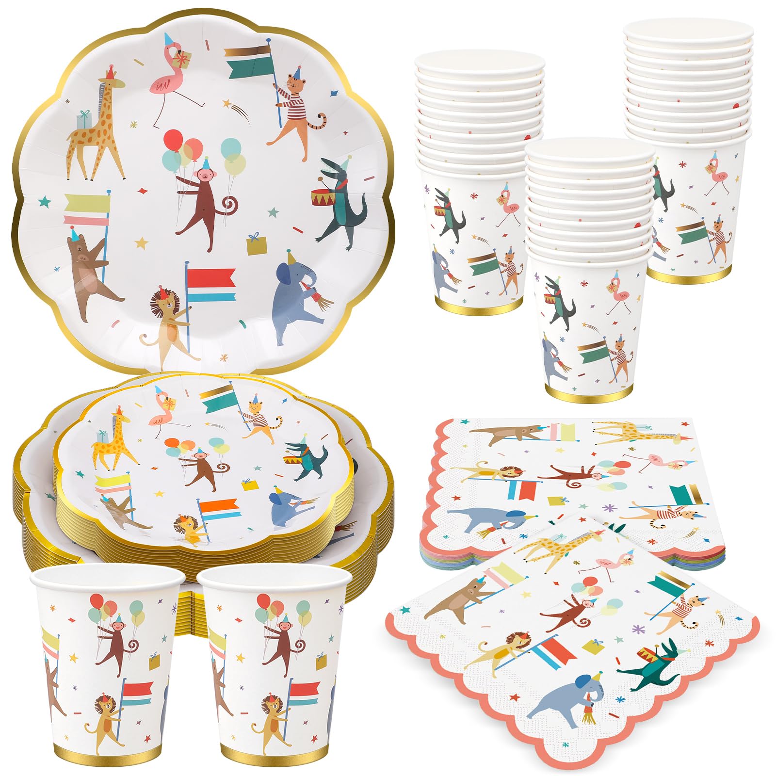Maxdot animal parade 9-inch plates with safari animals for kids' parties.