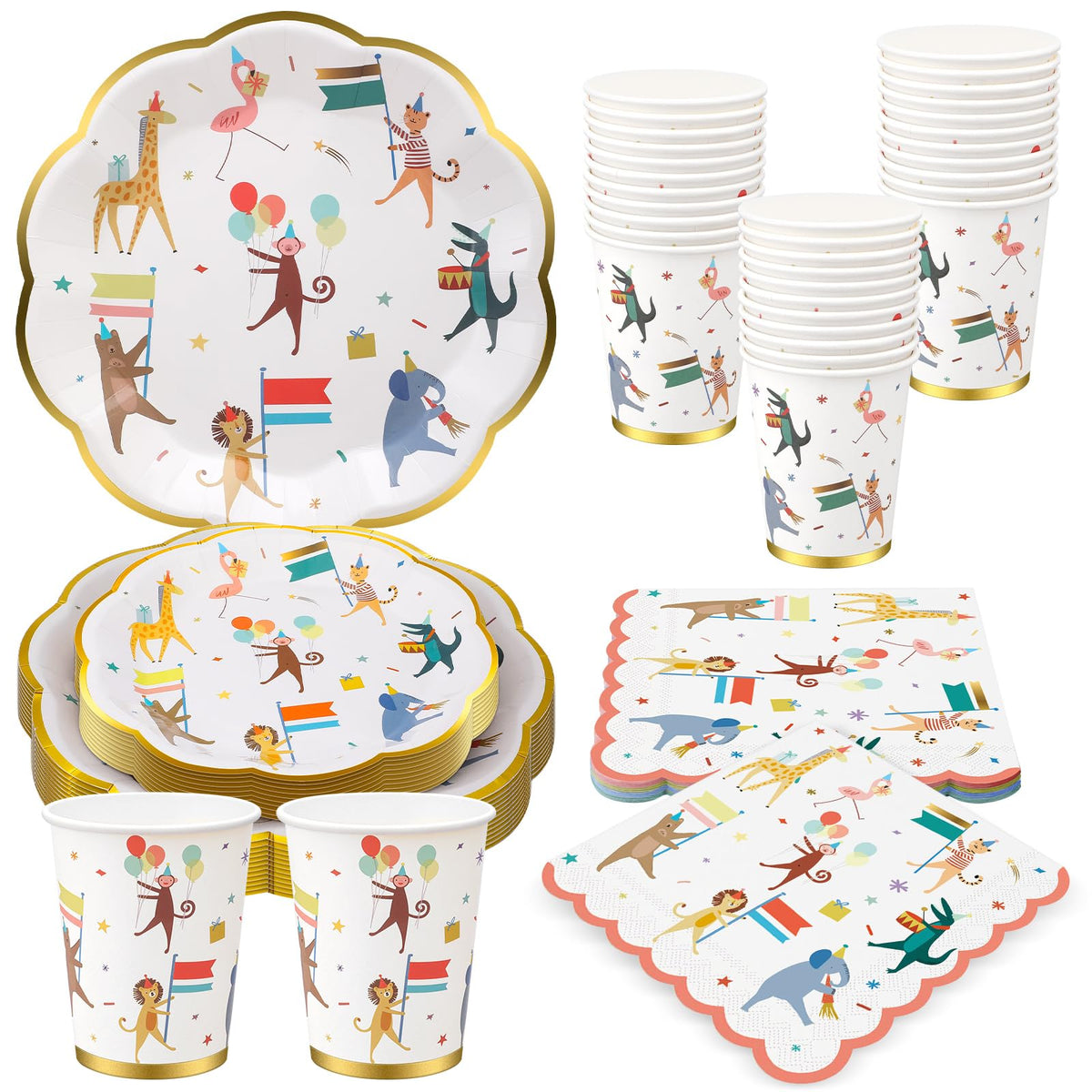 Maxdot animal parade 9-inch plates with safari animals for kids' parties.