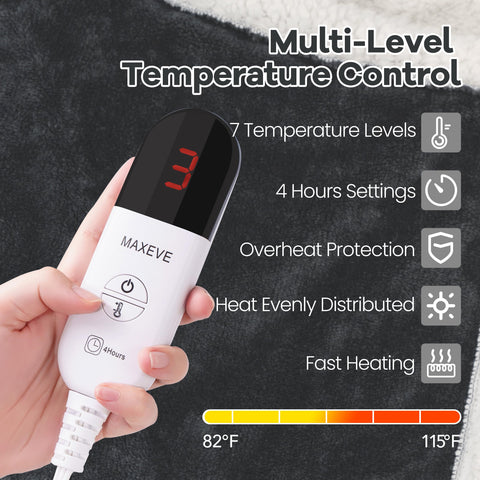 MAXEVE electric blanket with six heating levels for personalized warmth.