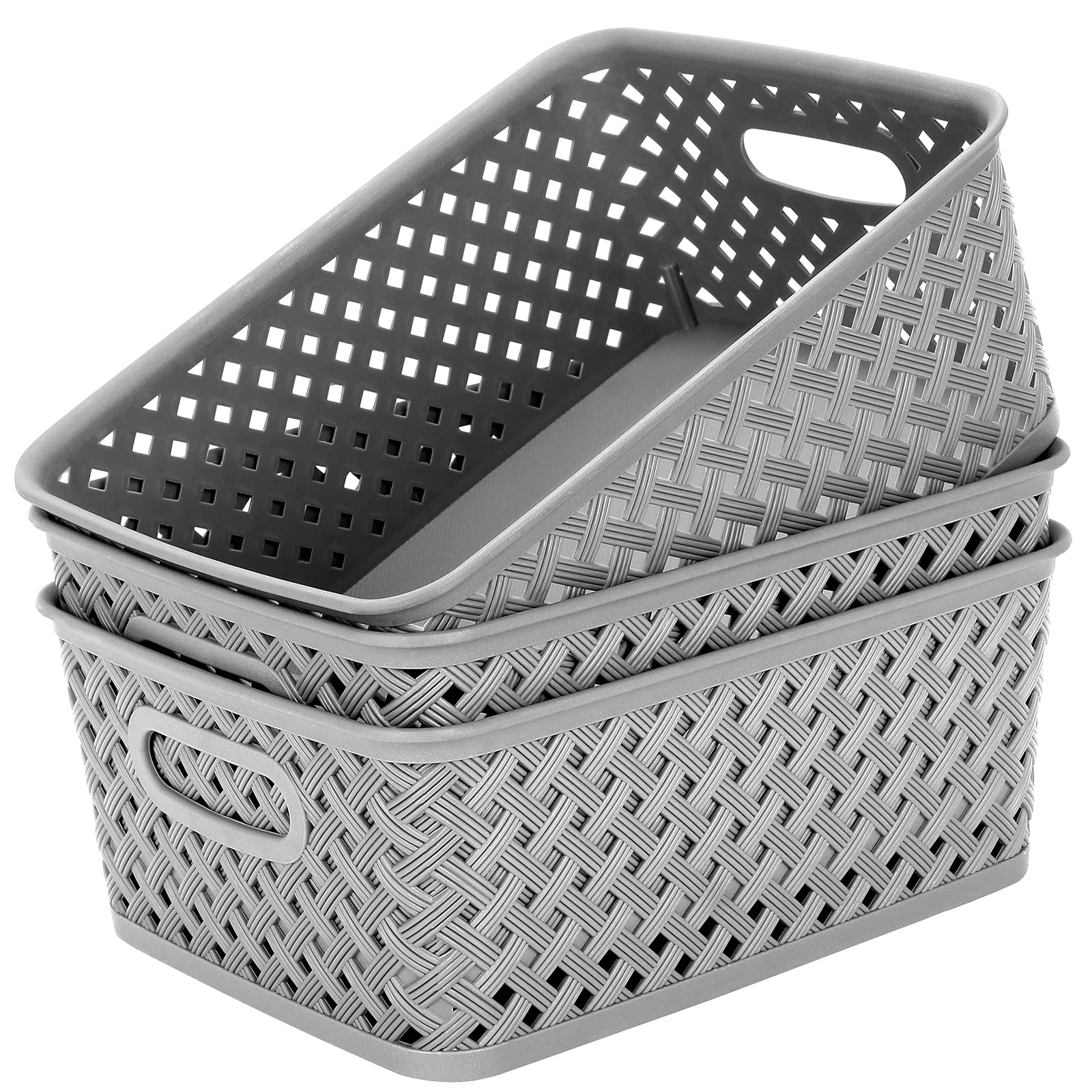 MaxGear three-pack organization bins close-up showing sturdy handles for easy carrying at home.