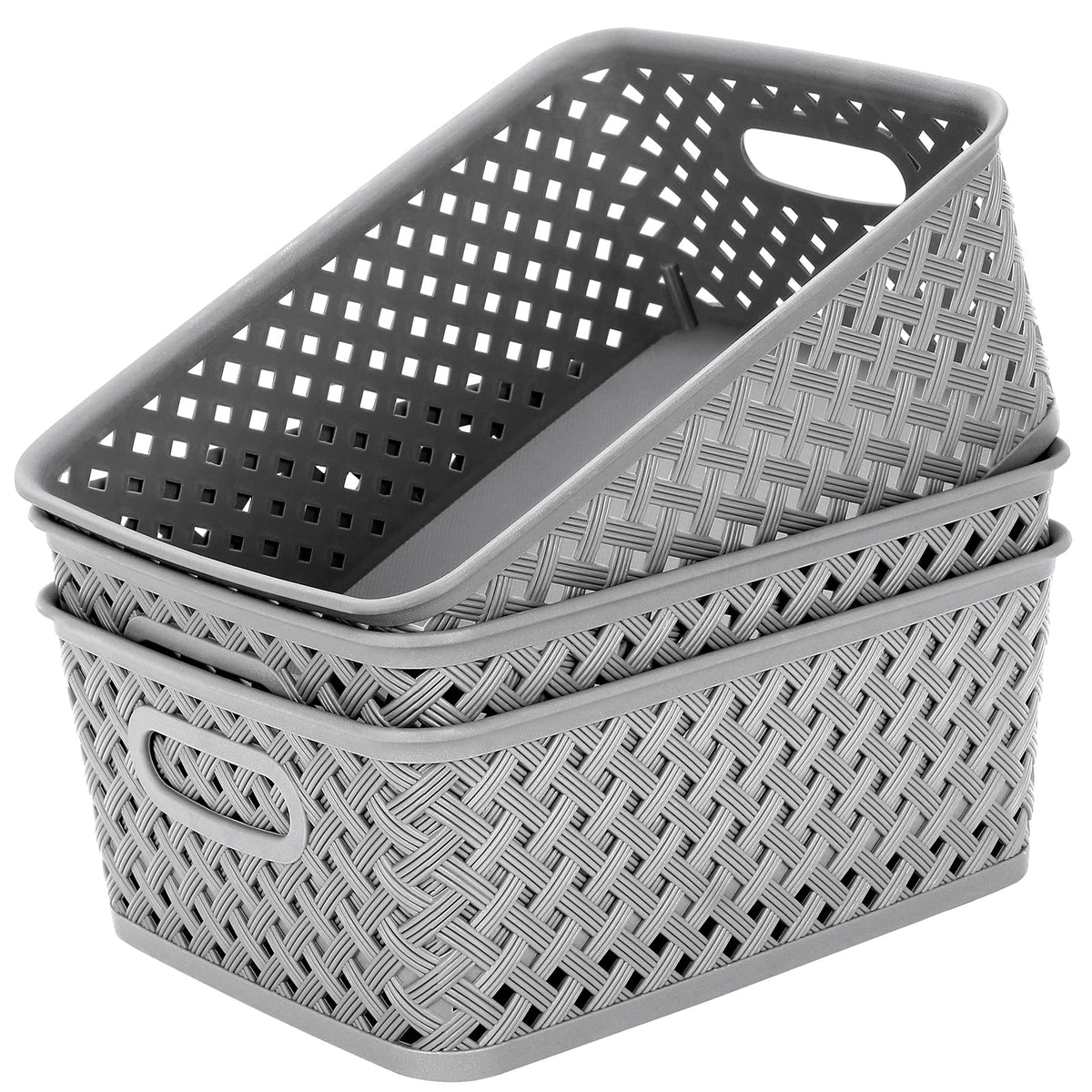 MaxGear three-pack organization bins close-up showing sturdy handles for easy carrying at home.