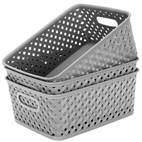 MaxGear three-pack organization bins close-up showing sturdy handles for easy carrying at home.