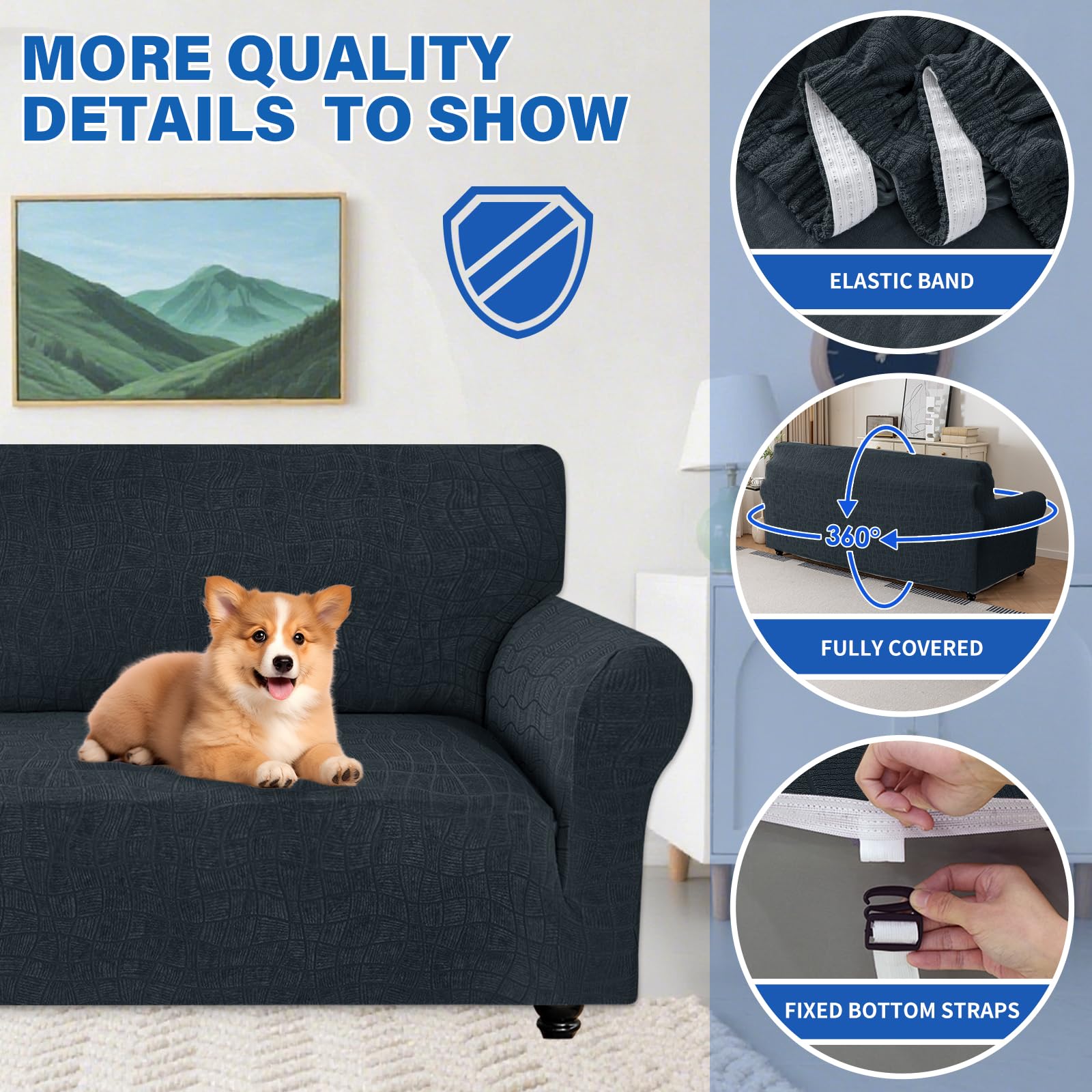 MAXIJIN securing straps help prevent movement for a stable fit on large couches.