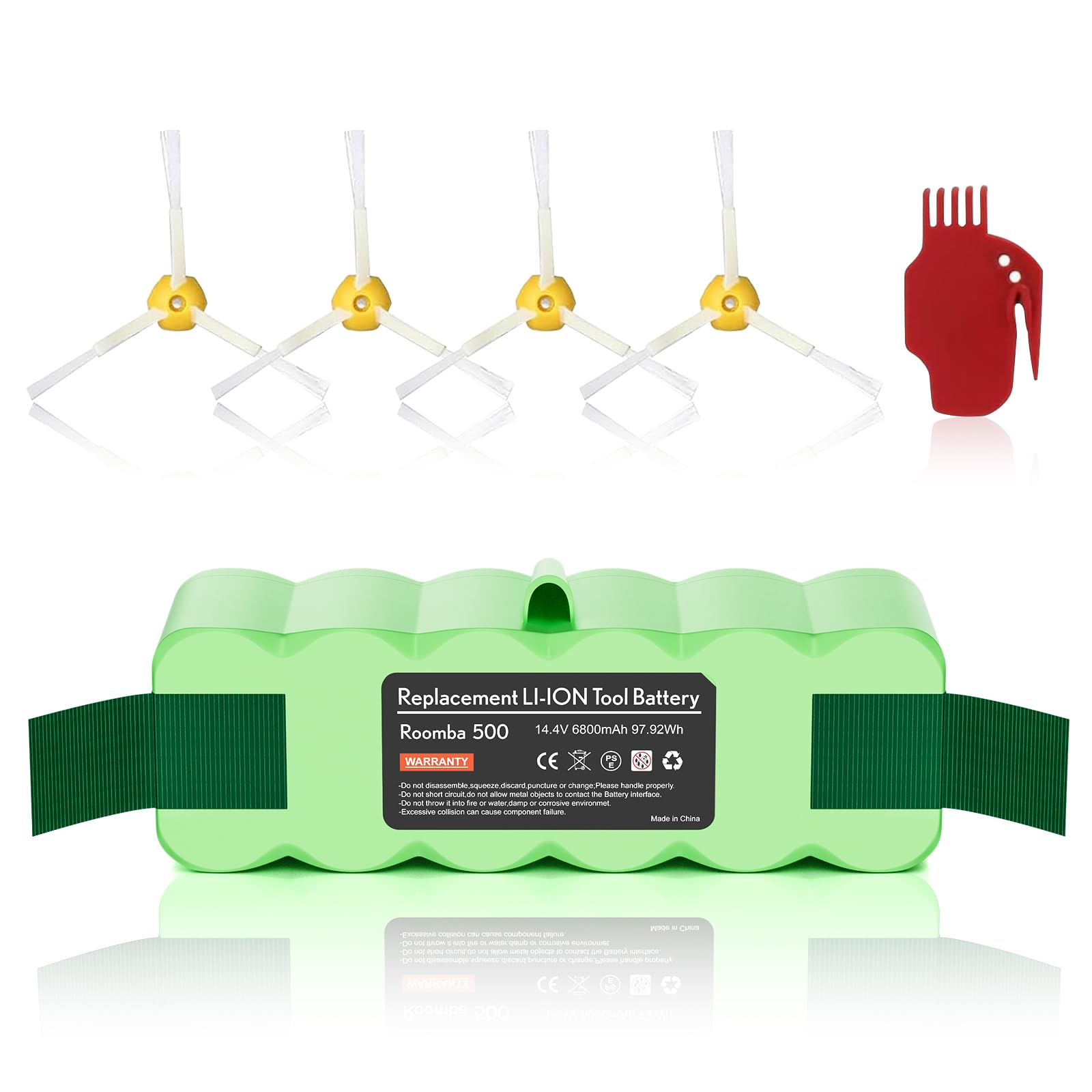 Maxofpowr upgraded 6800mAh battery front view powering Roomba for longer cleaning sessions