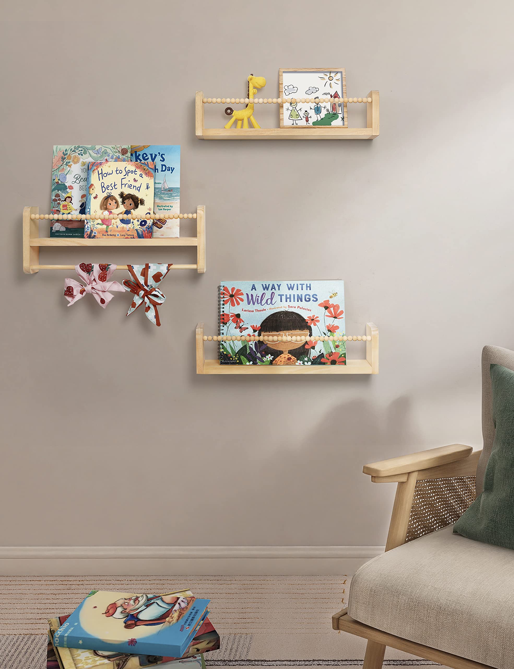 Maxpeuvon nursery decor shelves, versatile for books, toys, plants in kids rooms.