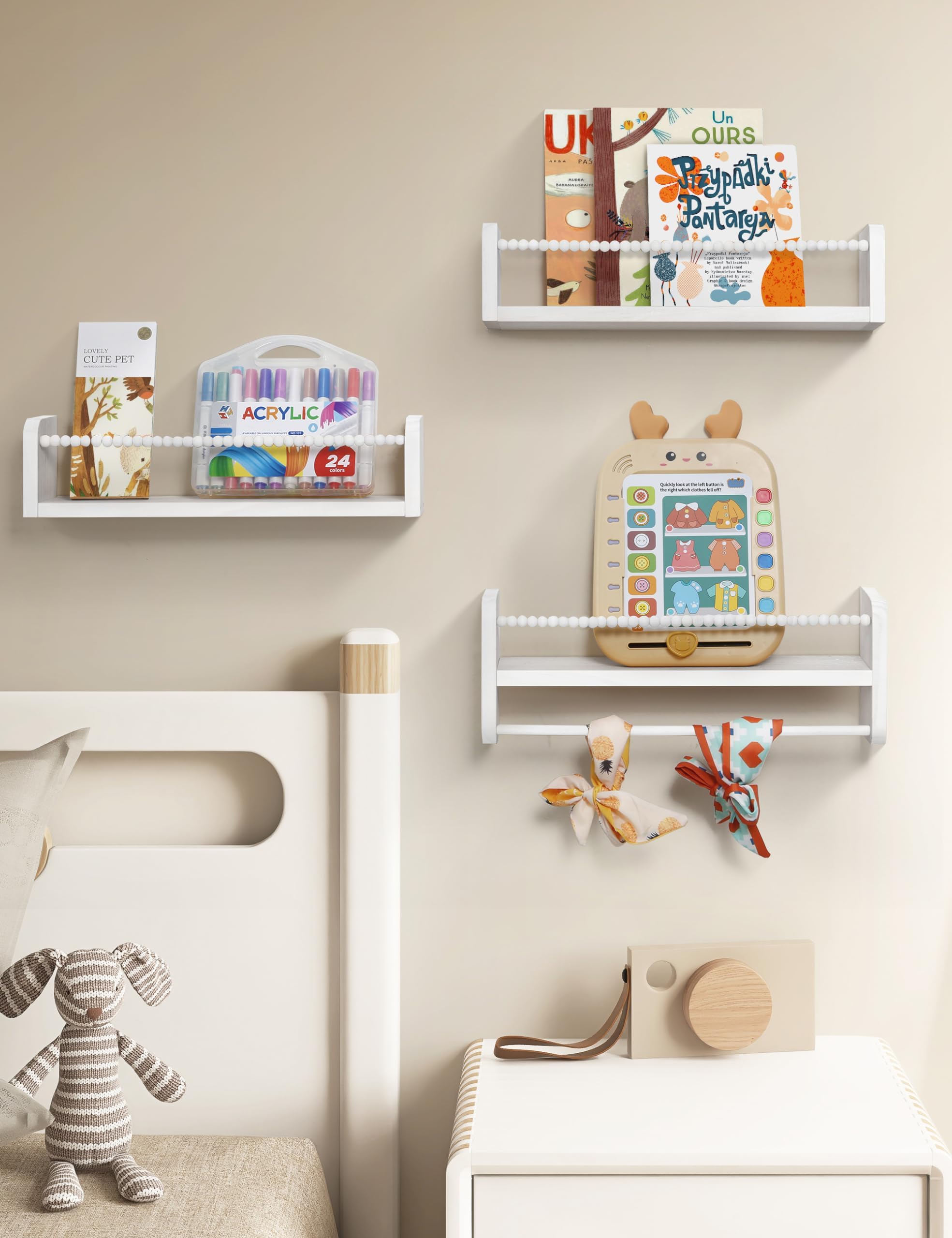 Maxpeuvon floating shelves with wood bead bar enhance safety and decor in kids' rooms.