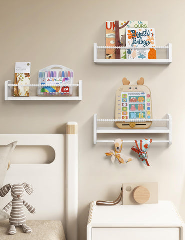 Maxpeuvon floating shelves with wood bead bar enhance safety and decor in kids' rooms.