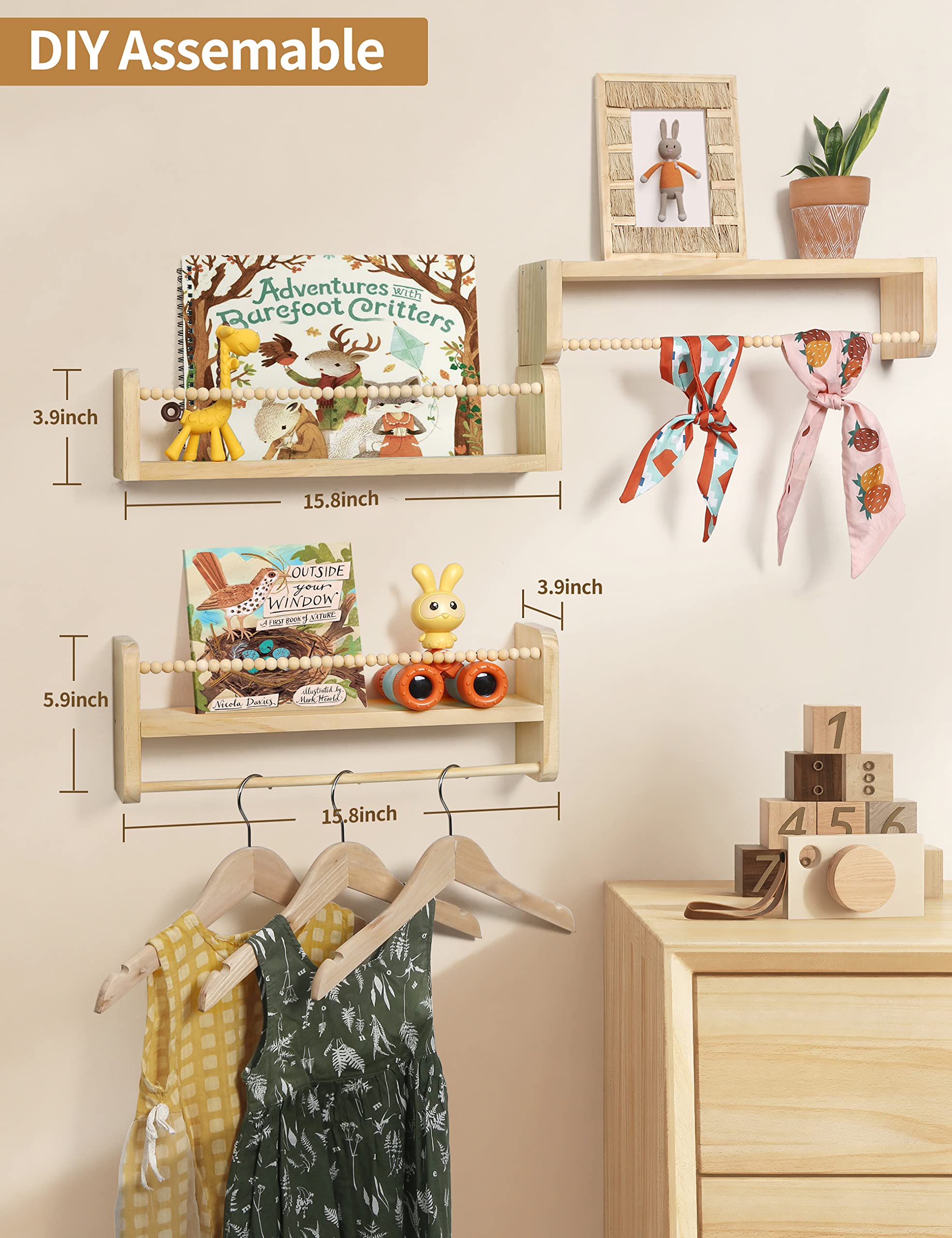 Maxpeuvon multipurpose wood shelves, perfect for baby toys, plants, or makeup storage.