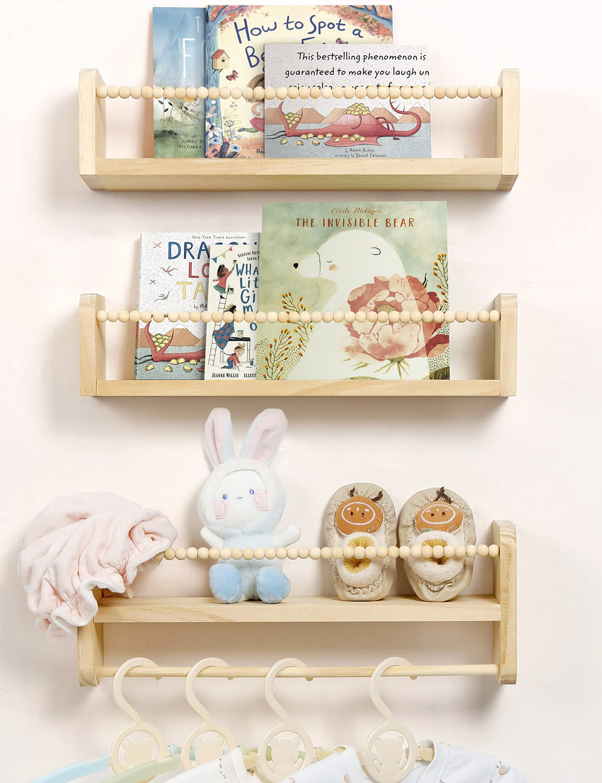 Maxpeuvon nursery floating shelves set of 3 in natural wood, ideal for kid books.