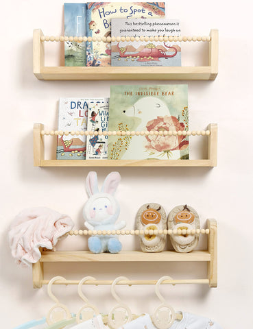 Maxpeuvon nursery floating shelves set of 3 in natural wood, ideal for kid books.