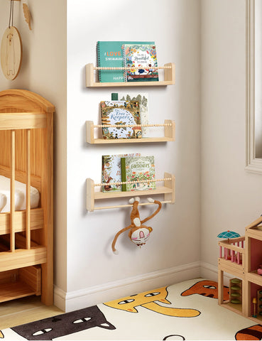 Maxpeuvon wall-mounted bookshelves with protective bar safeguard kid toys and small books.