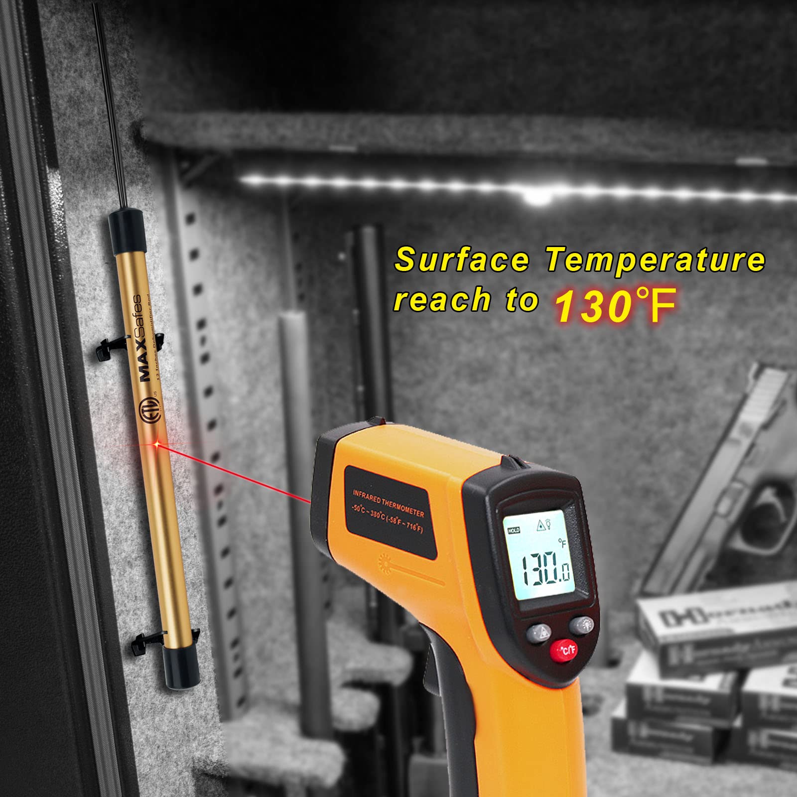 MAXSafes 12inch dehumidifier rod provides consistent humidity control with no frequent recharging.