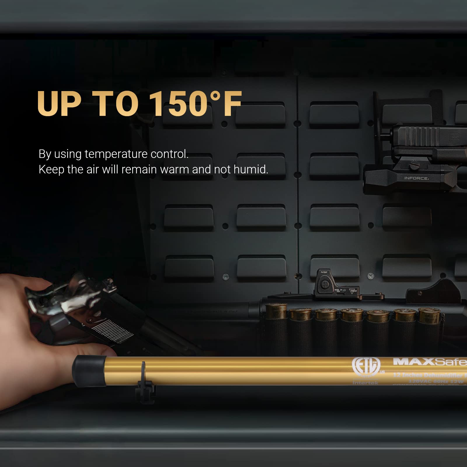 MAXSafes dehumidifier rod in a closet protecting documents and gear from humidity