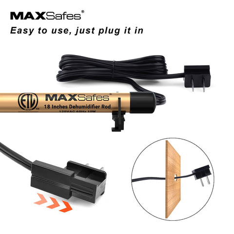 MAXSafes dehumidifier rod plugged in for constant humidity control