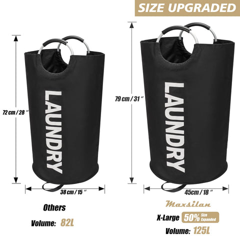 Maxsilan 125L X-Large laundry basket collapsed for compact storage in a cabinet.