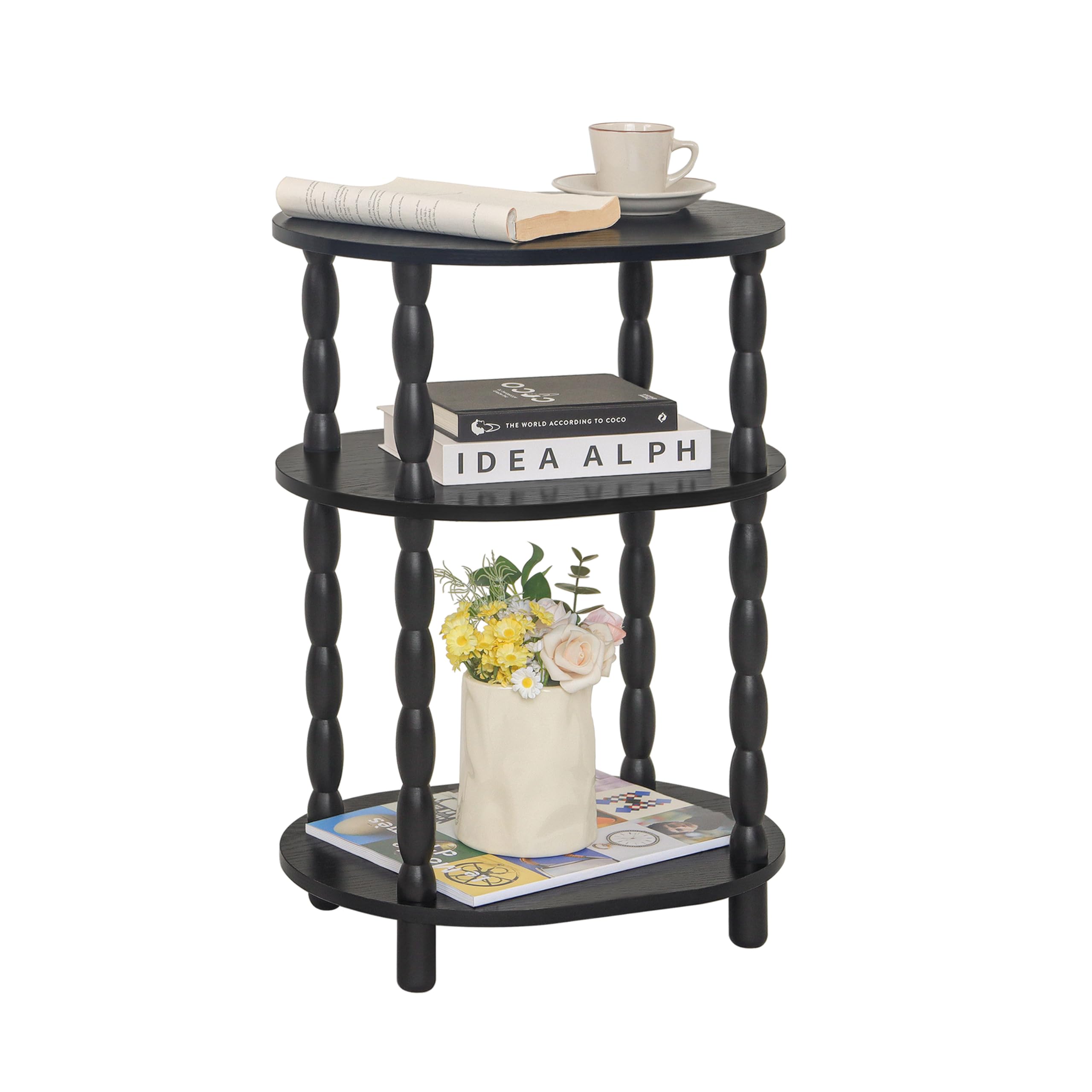 MaxSmeo Black Side Table with oval top beside the sofa, stylish storage.