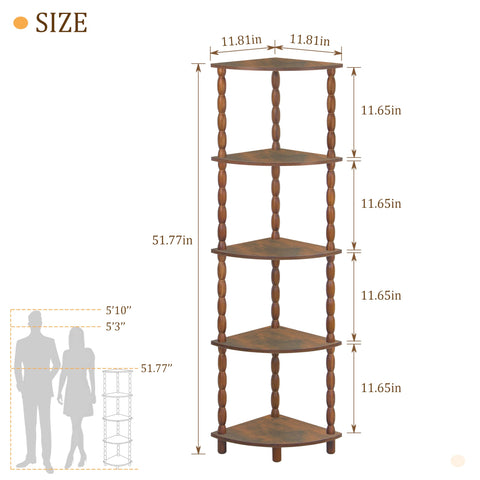 MaxSmeo Corner Shelf dimensions illustrate 5-tier display for versatile use