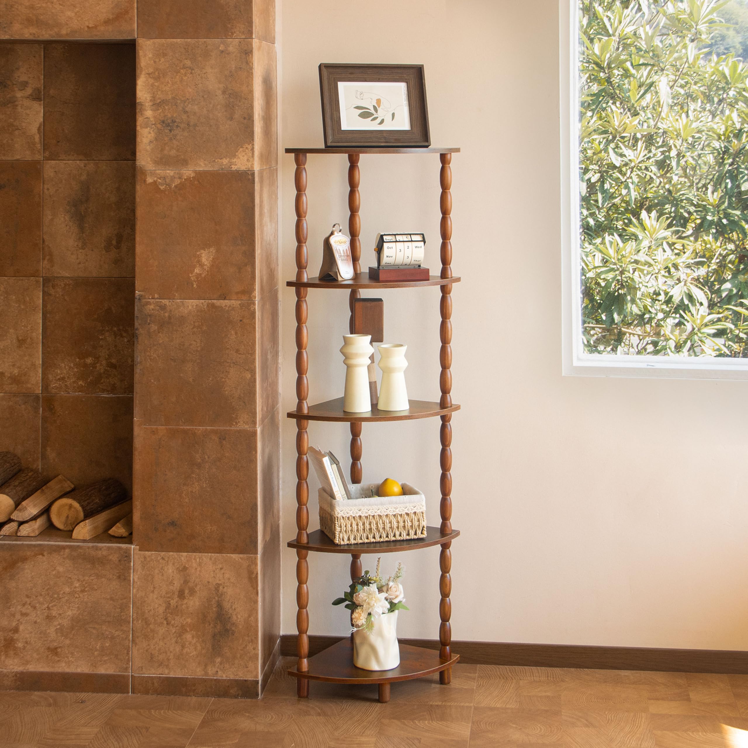 MaxSmeo Corner Shelf side view shows spindle legs and warm rustic brown tone