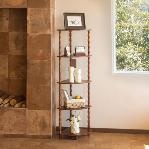 MaxSmeo Corner Shelf side view shows spindle legs and warm rustic brown tone