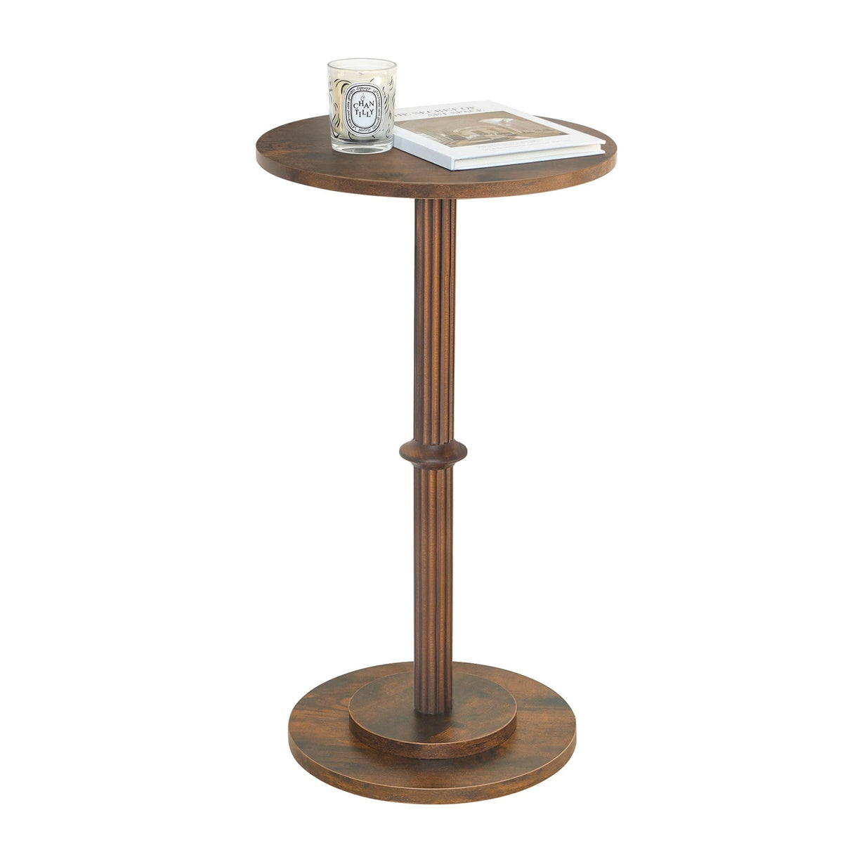 MaxSmeo Drink Table roundtop in rustic brown enhances a compact living area.