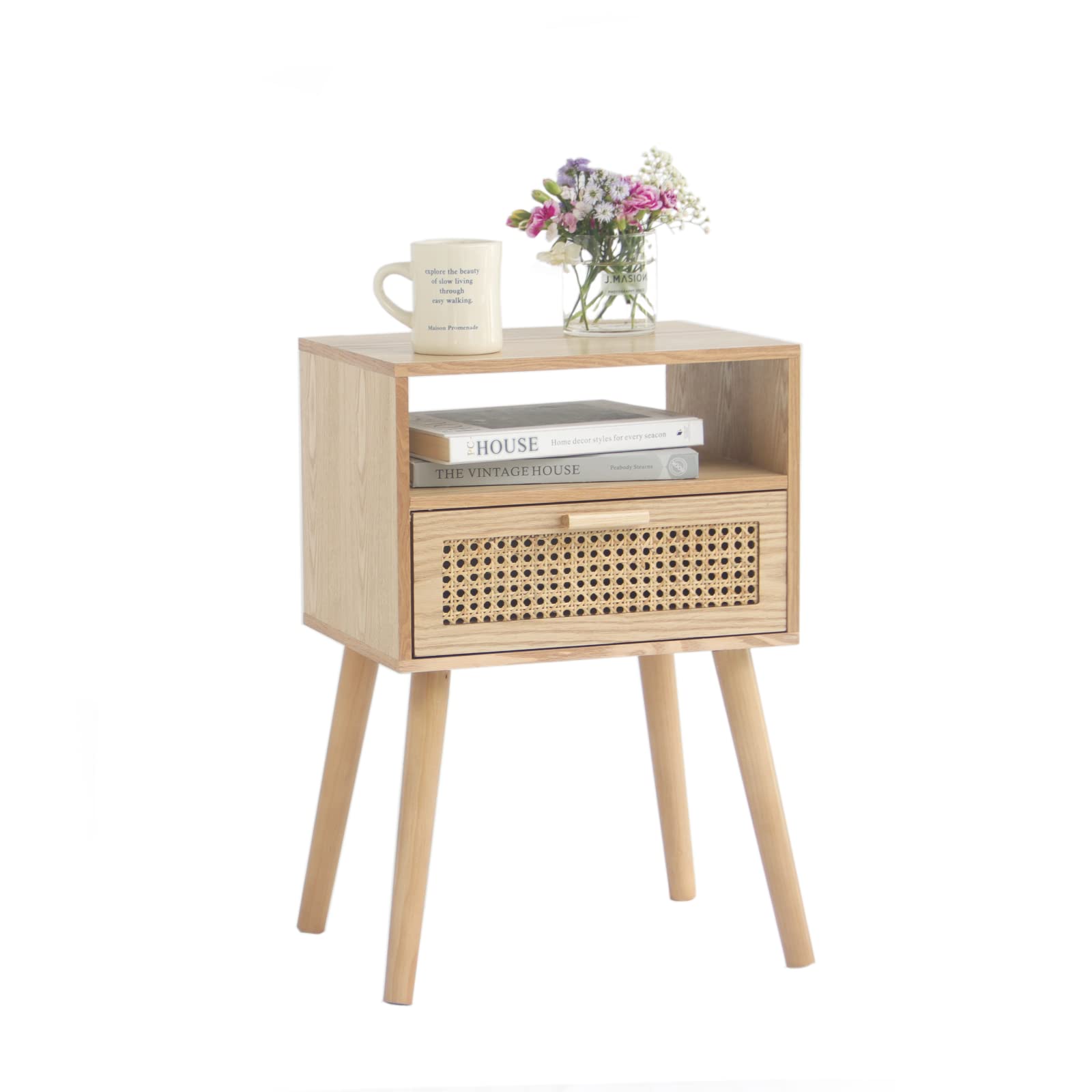 MaxSmeo modern nightstand with rattan drawer and top shelf in natural walnut finish