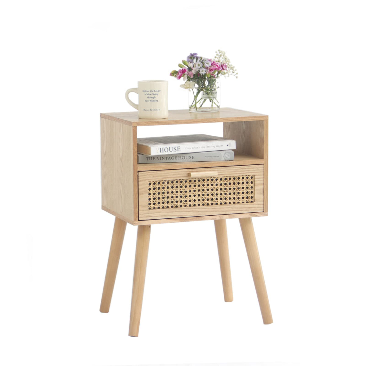 MaxSmeo modern nightstand with rattan drawer and top shelf in natural walnut finish