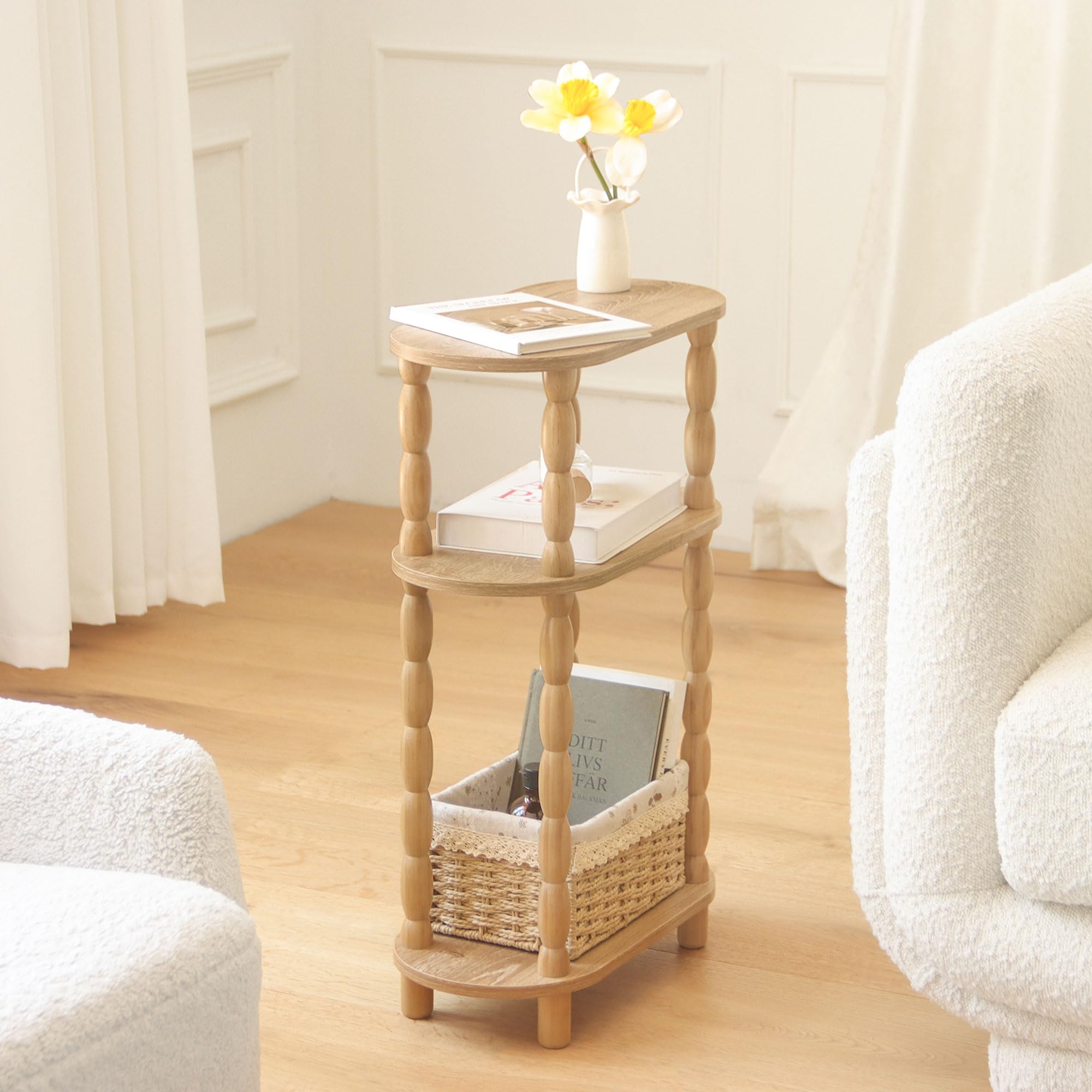 MaxSmeo 3-tier side table provides organized storage for remotes and books in living areas without clutter at hand.