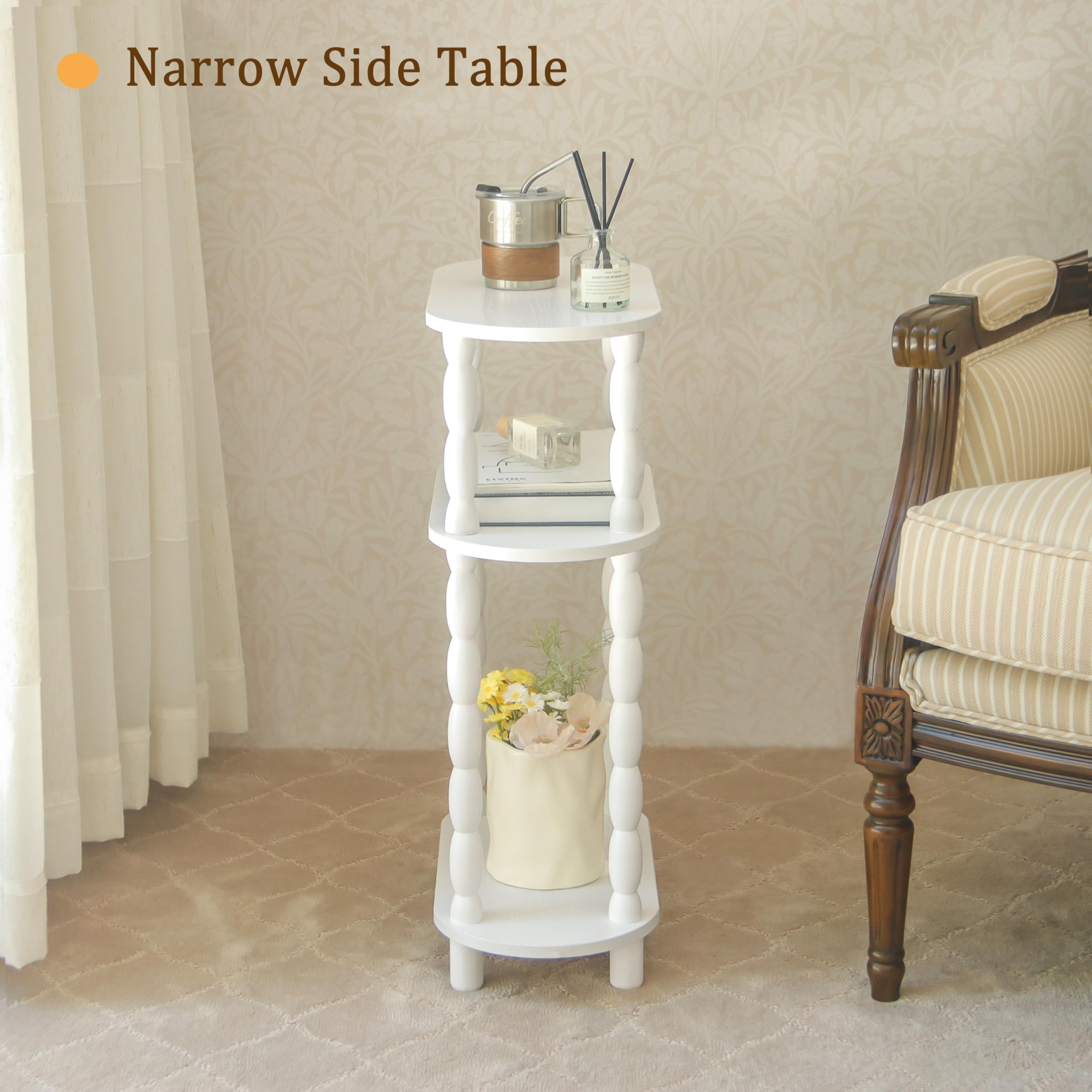 MaxSmeo narrow side table beside bed with lamp and book