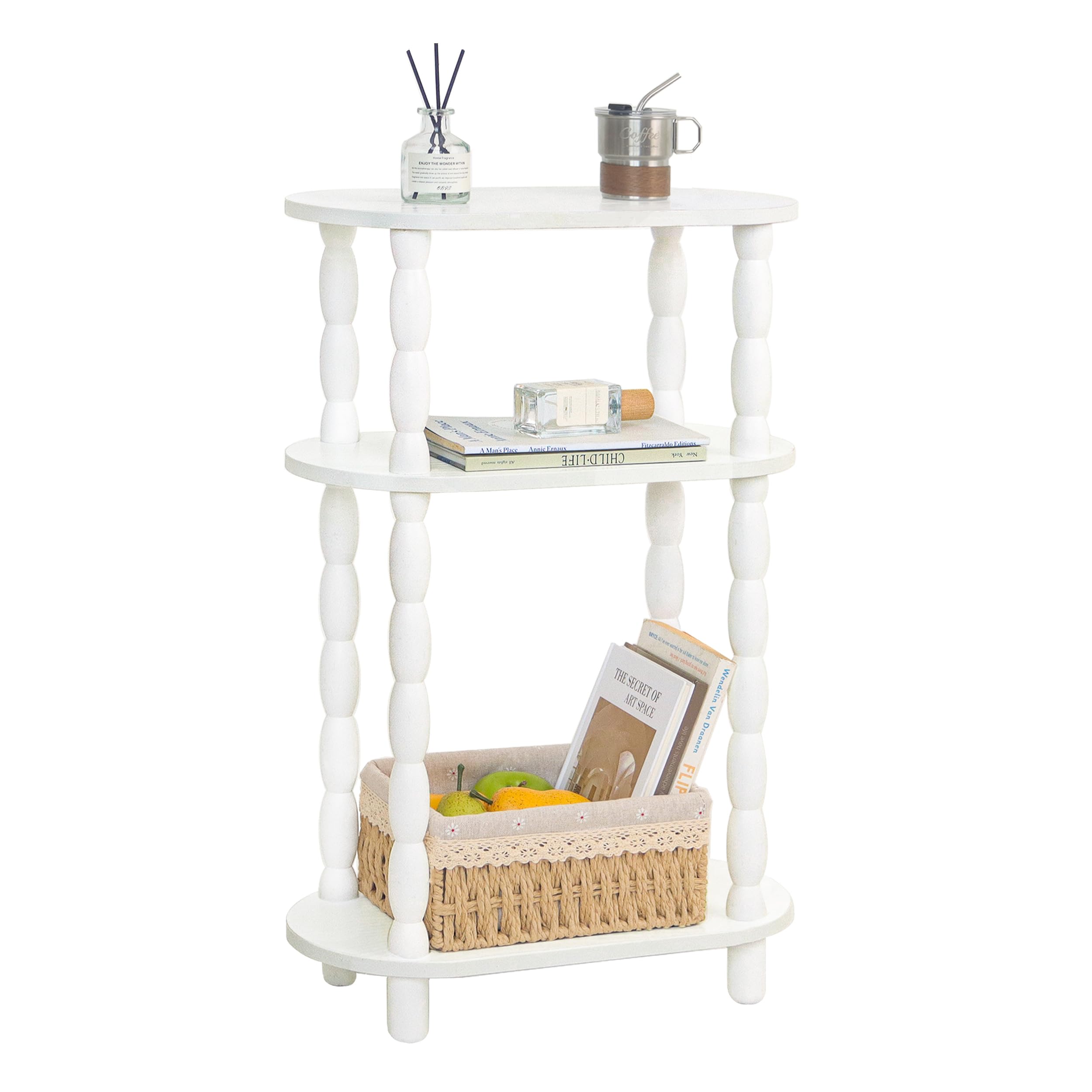 MaxSmeo narrow side table front view with three open shelves in white finish