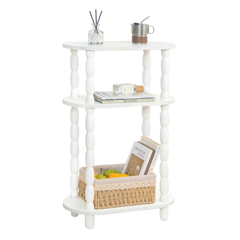 MaxSmeo narrow side table front view with three open shelves in white finish