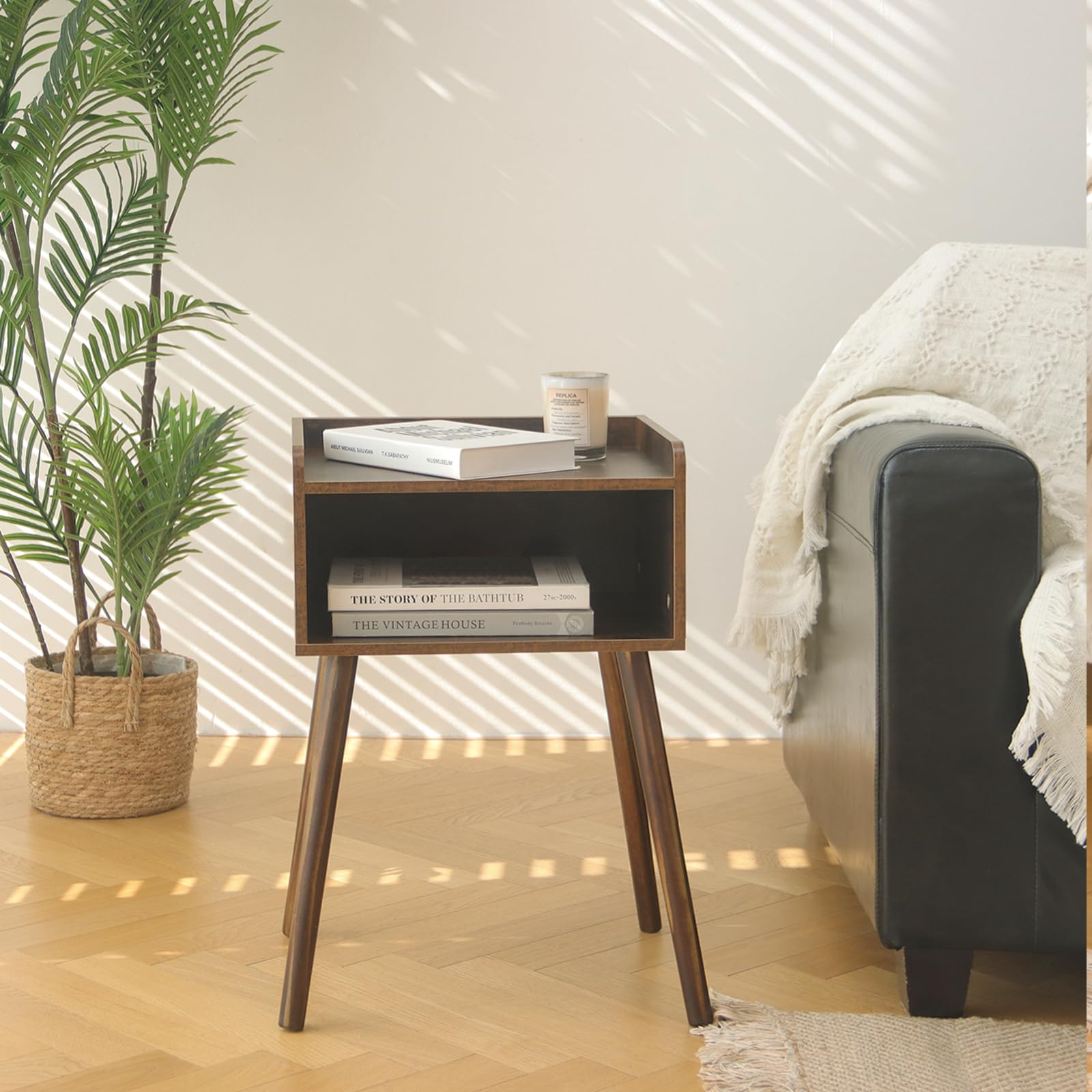 MaxSmeo nightstand bedroom view in rustic brown finish.