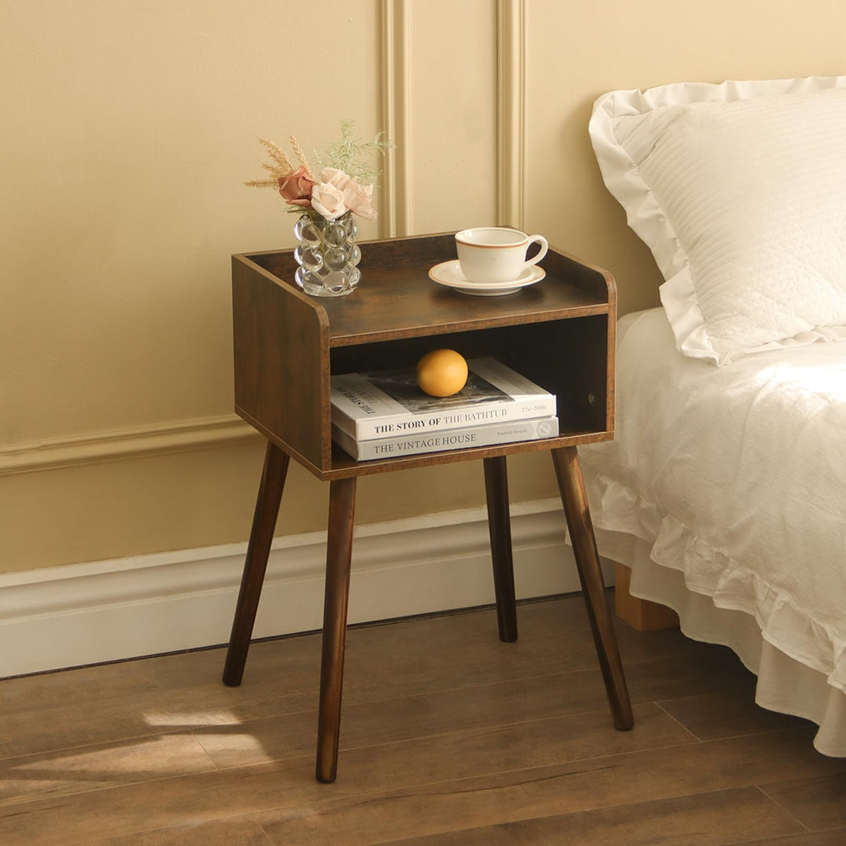 MaxSmeo nightstand rustic brown front view, ideal for bedside organization.