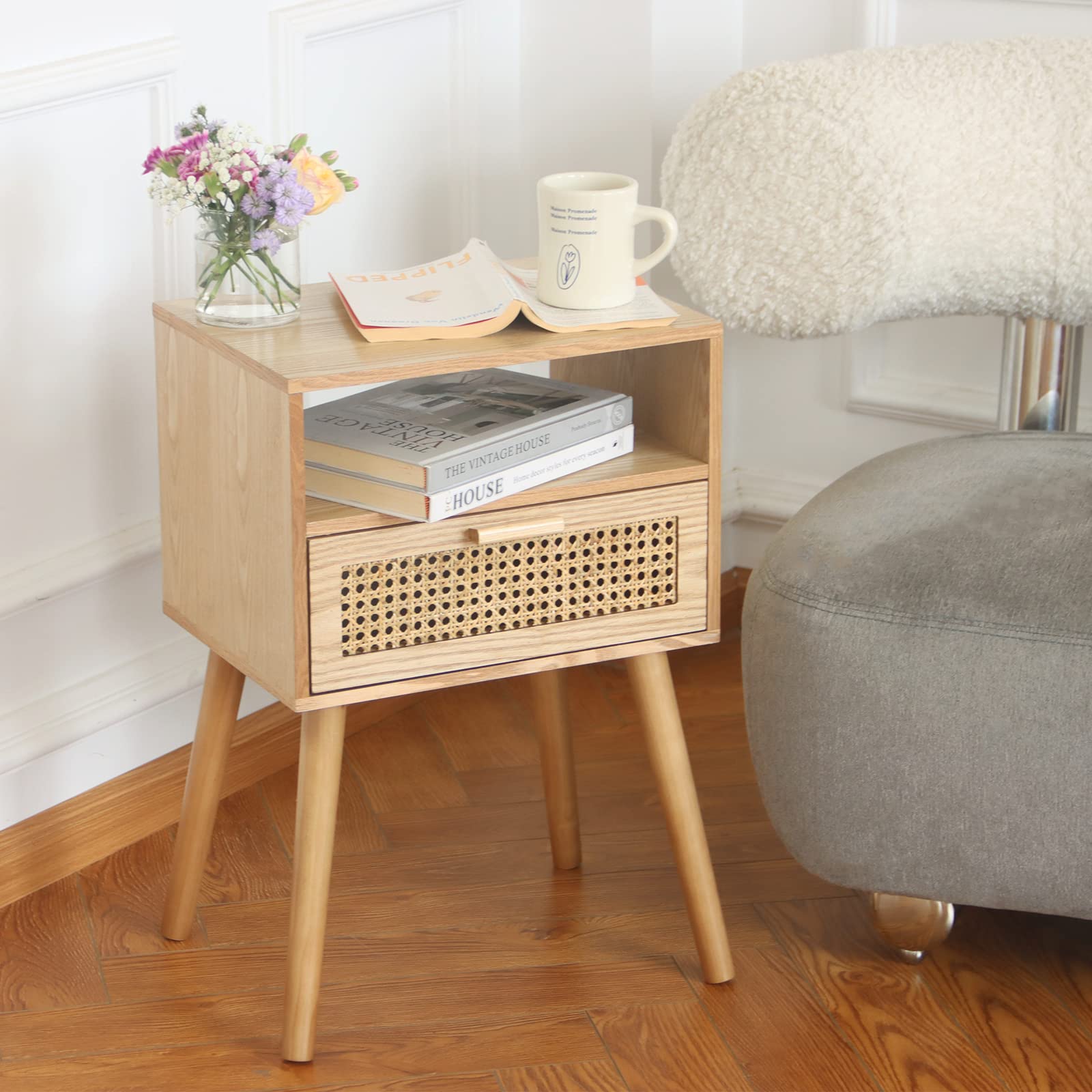 MaxSmeo nightstand showing solid wood legs for sturdy daily use