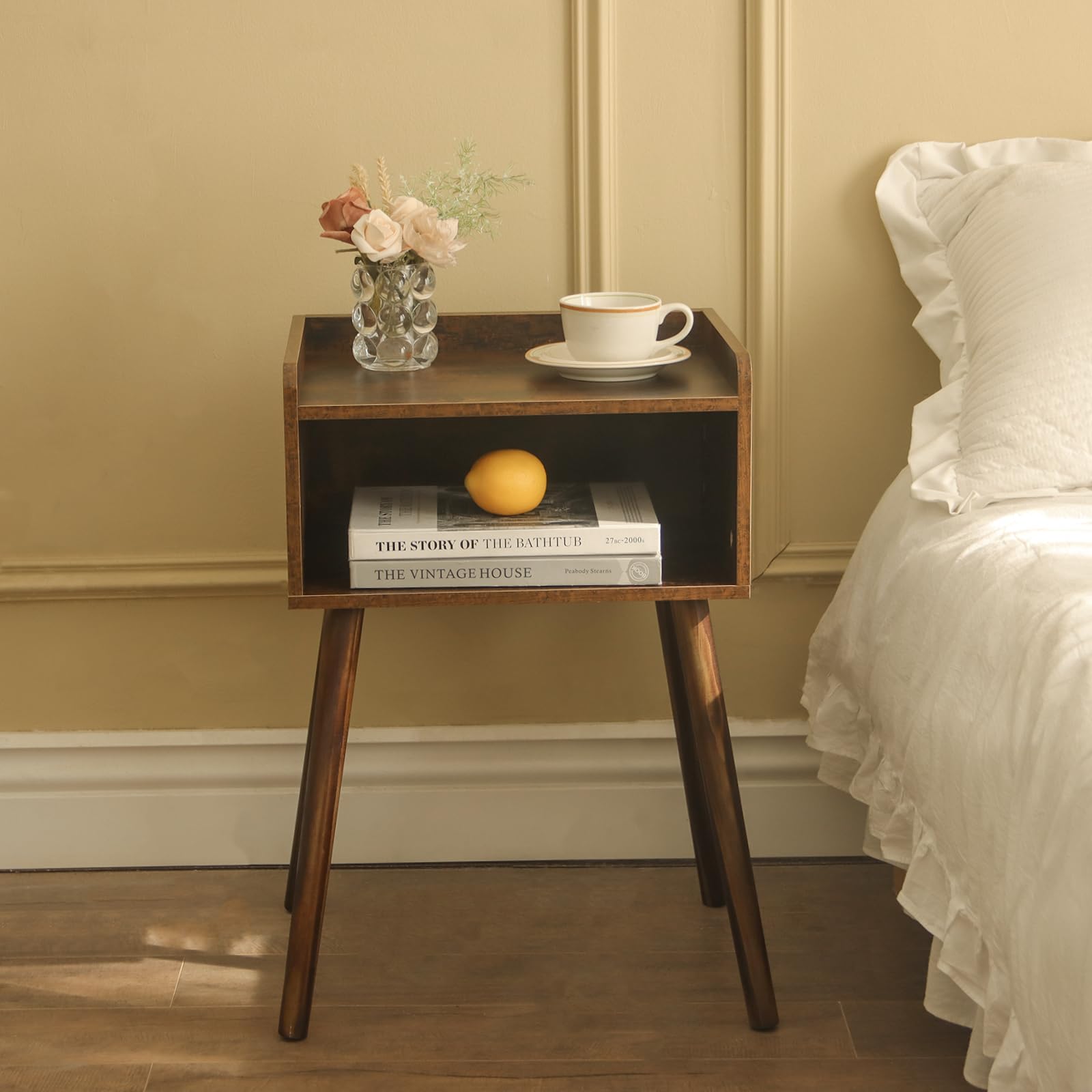 MaxSmeo nightstand with lamp, ready for bedside lighting.