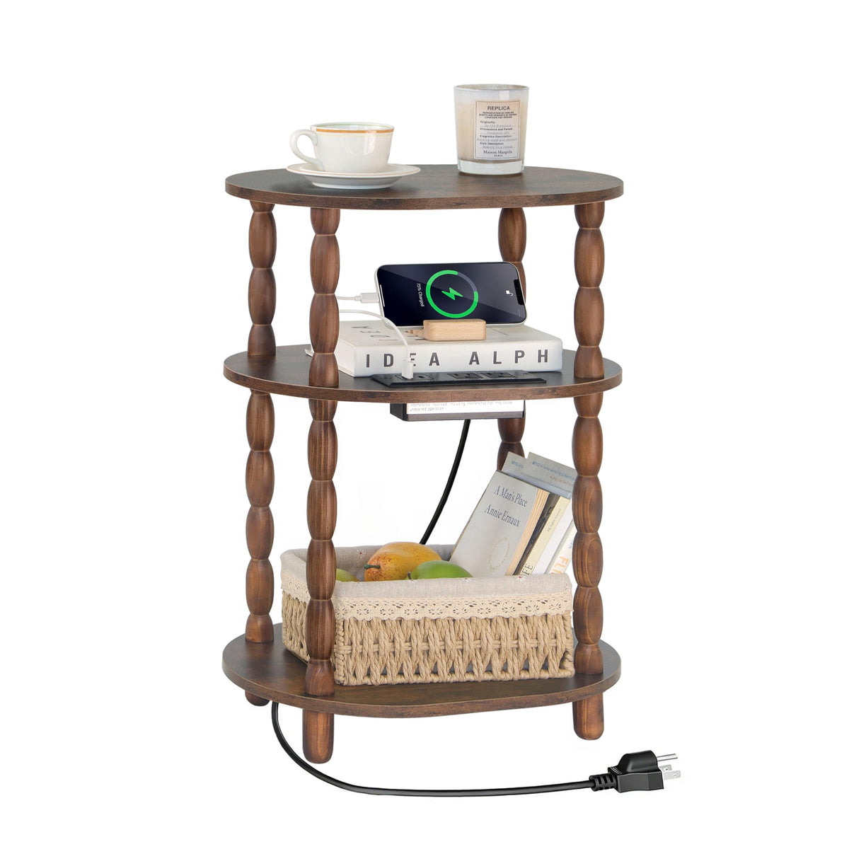MaxSmeo side table with charging station beside a chair for easy device charging.
